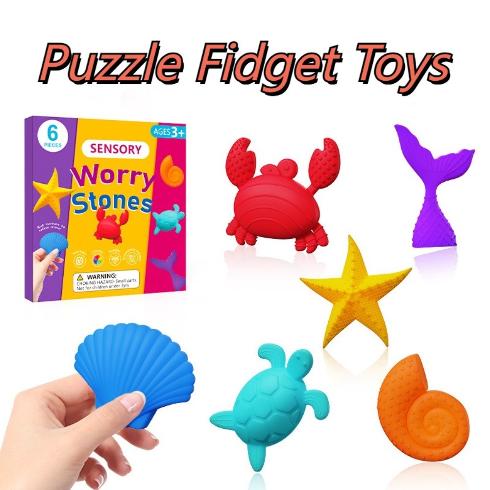 6pcs/Pack Sensory Silicone Stone Sensory Fidget Toy Sea World Silicone Fidget Toy Textured Calming D