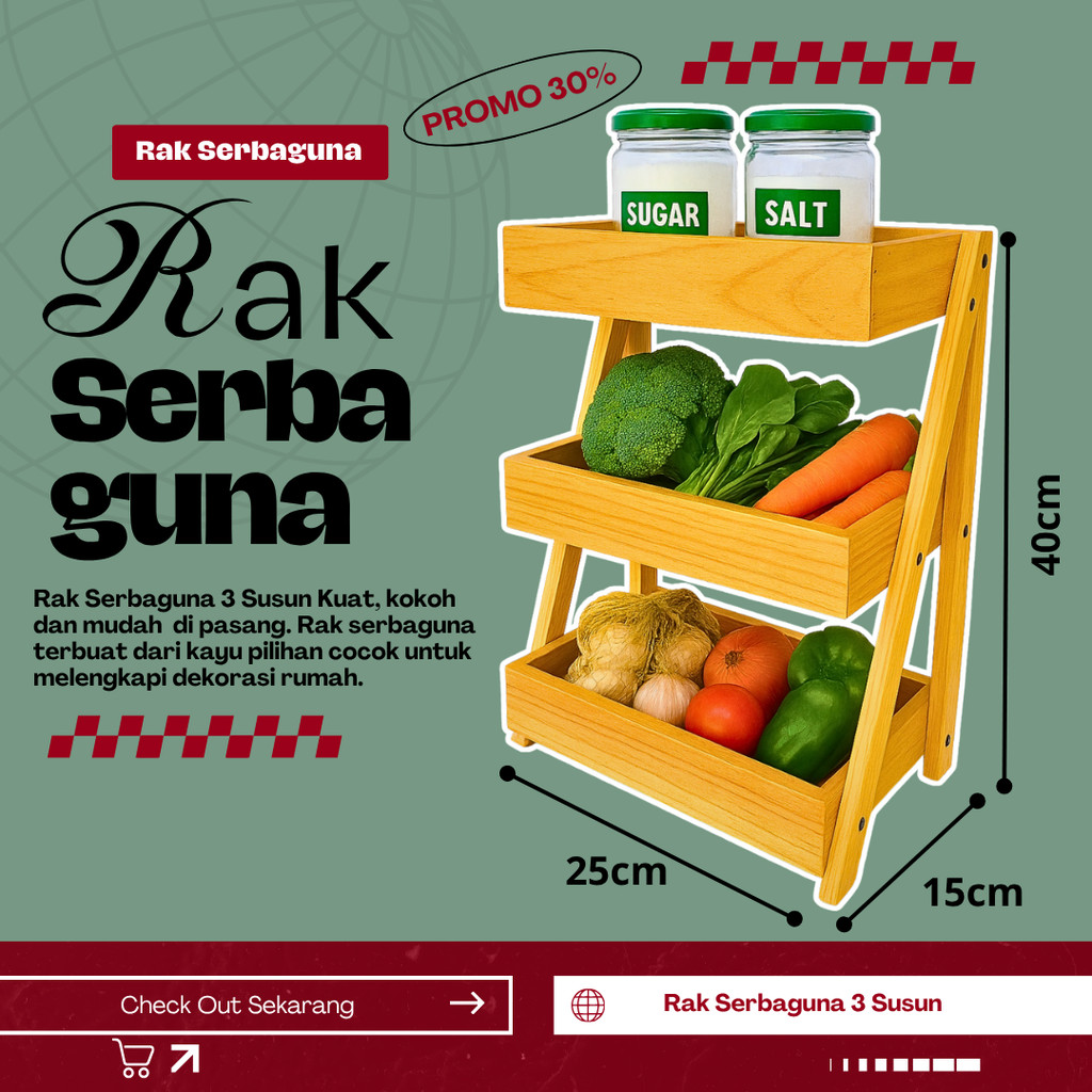 Rak Bawang Kayu 3 Susun / Rak Bumbu Serbaguna
