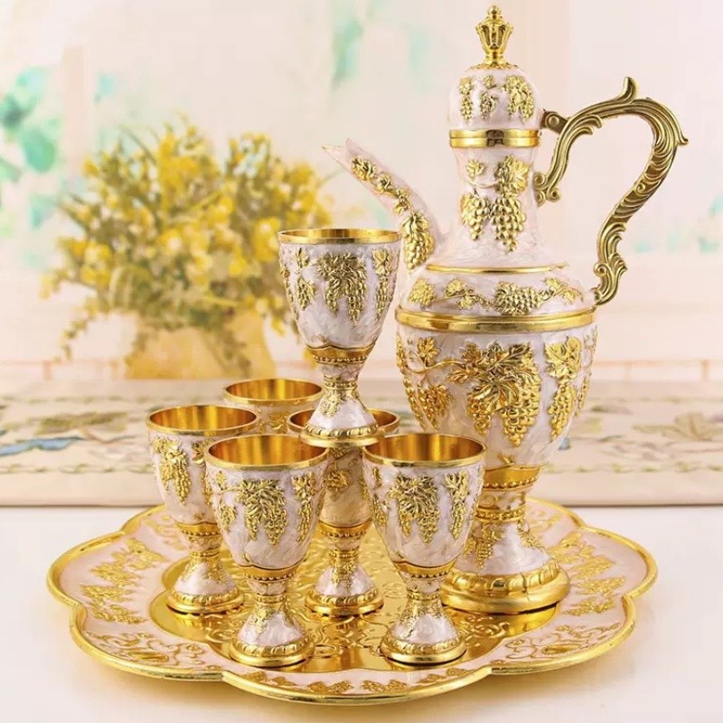 European Wine Set, Alloy Home Wine Pot Wine Glass Set, White Vintage Wine Glass, Old Wine Pot Home L