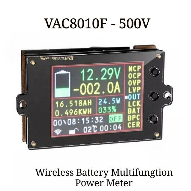 VAC8010F-500V Wireless Battery Volt Ampere Coulomb DC Watt Meter 500A