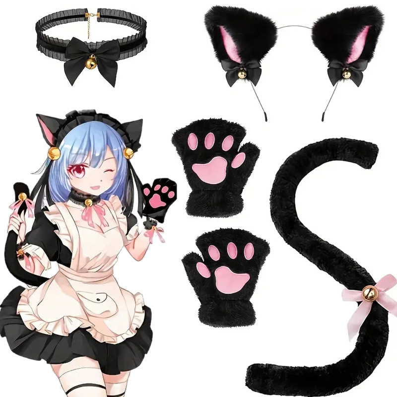4Pcs Cute Cat Woman Cat Ears Headband Set Bow Jk Cosplay Headwear Cosplay Hair Accessories Lolita Ha