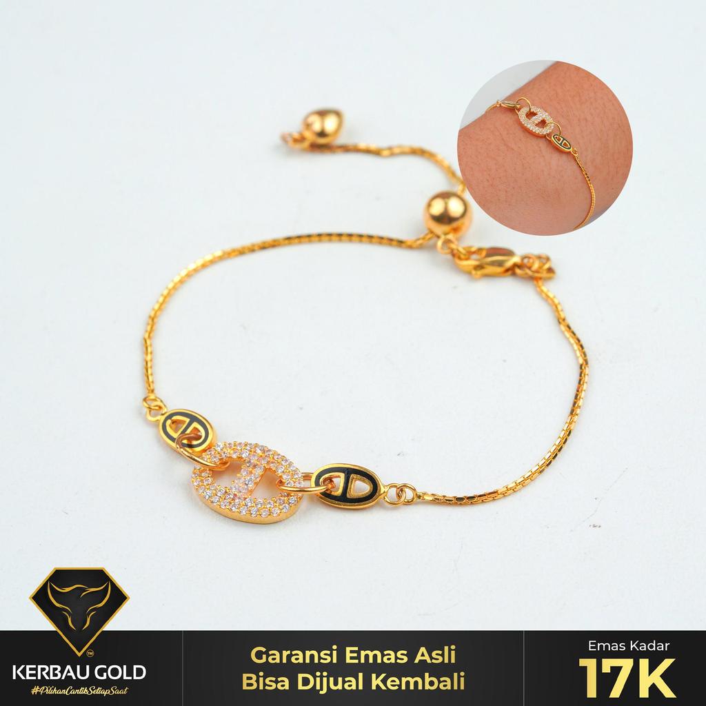 [[Kerbau Gold] Gelang Emas Serut Oval Zirconia  17K - Emas Asli 100%