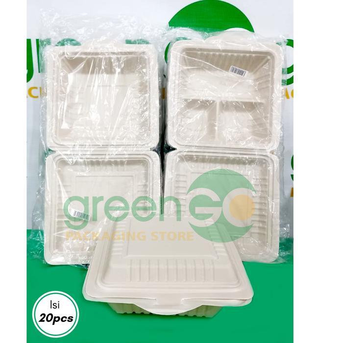 MEAL BOX POLOS SEKAT 3 ISI 20PCS BAGASSE LUNCH BOX KOREAN BENTO CAKE - SEKAT 3