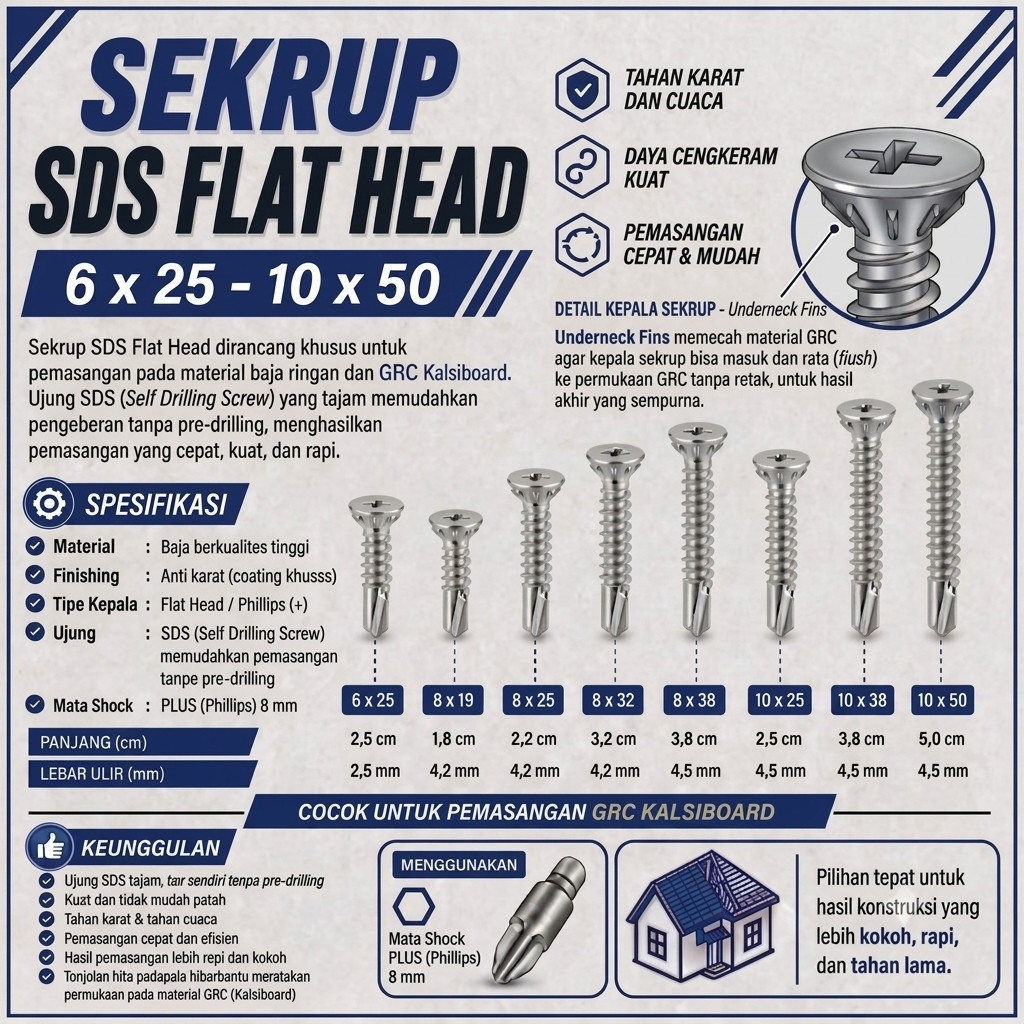 SALE Sekrup Flat Head 2.5CM 6X25 (ISI 1000 PCS) - SDS FH / SEKRUP GRC / Sekrup Plafon / Sekrup Holo