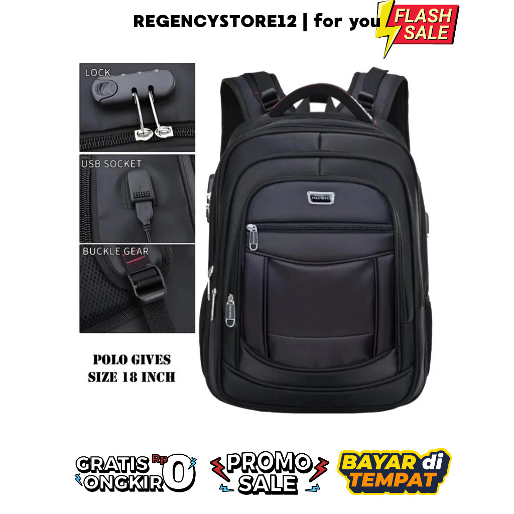 AURESTORE Ransel POLO 18 IN EXPANDABLE Tas Ransel Kerja Tas Sekolah Kunci Usb Port POLO Import / Tas