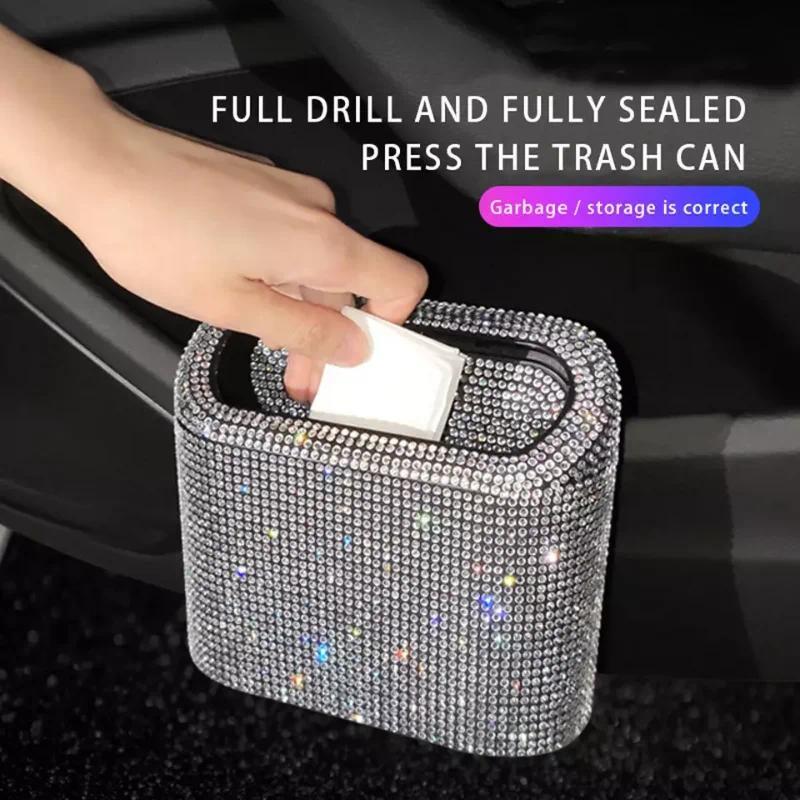 Luxury Trash Can Bin Car Storage Box Garbage Grabber Bling Diamond Square Pressing Car Trash Bin Car