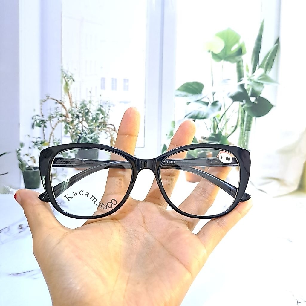 kacamata baca double baca dan jalan frame cat eye tangkai pering lensa +1.00 sd +300 JS203D-R