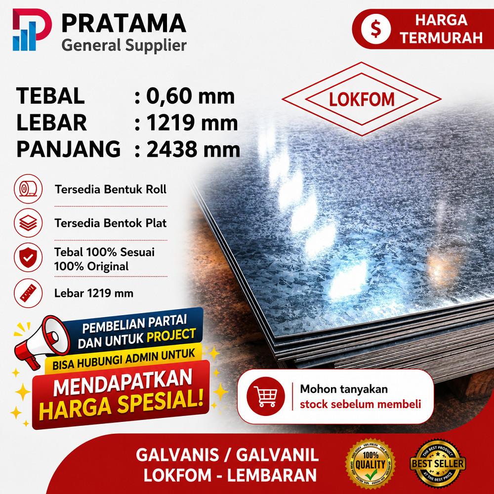 Seng Galvanis Lembaran BJLS Lokfom Plat Galvanis Tebal 0.60mm 1.20 x 2.40 m