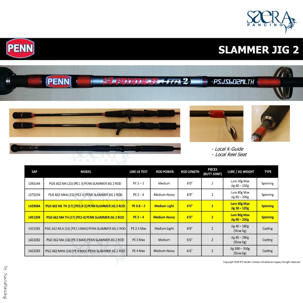 Saera Pancing Joran Pancing PENN Slammer Jig 2 C662ML PE 2.5 PE 3 Overhead Jigging Slow Jigging