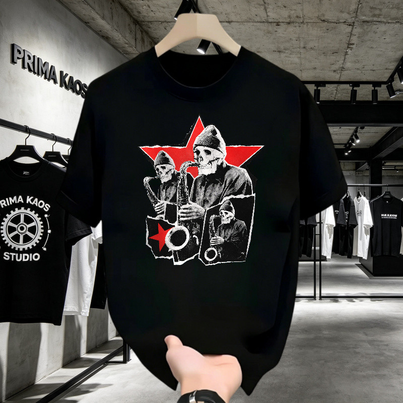 Kaos Korea T Shirt Skull Saxophone Vintage Unik Trendy Pria Wanita