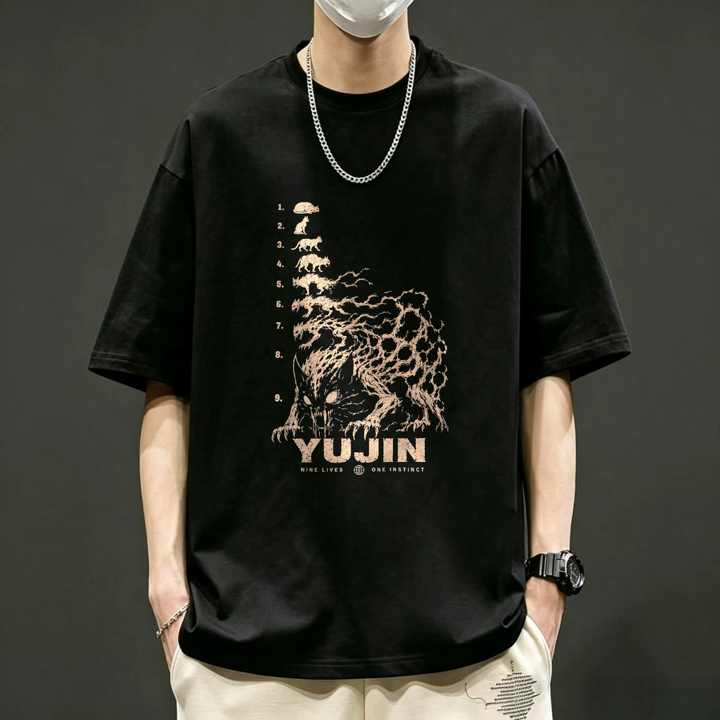 Kaos Pria Oversize T Shirt Unisex Desain Yuujin Nine Lives One Instinct Evolusi Kucing Menjadi Monst