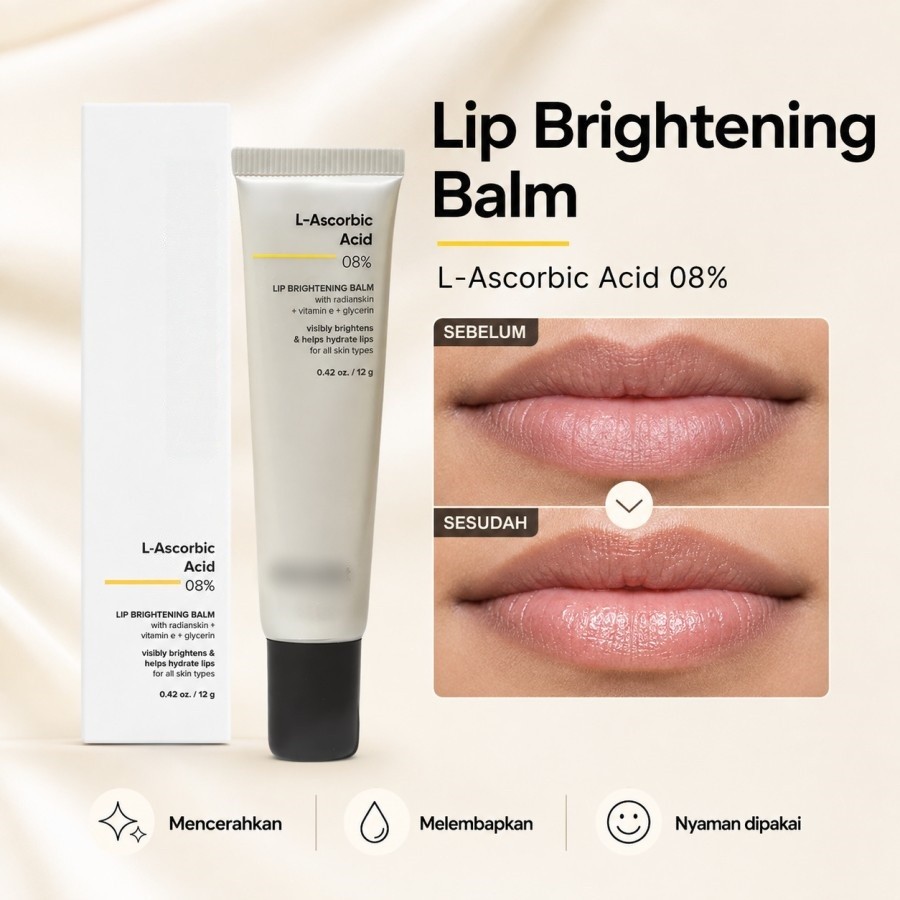 Lip Brightening Balm Balsem Perawatan Bibir Asam L‑Askorbik 8% Vitamin E Gliserin Mencerahkan Warna 