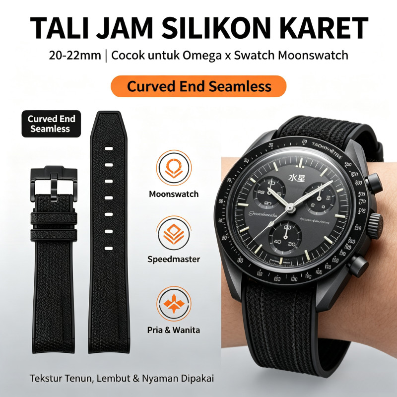 Tali Jam Karet Silikon untuk Omega X Swatch Moonswatch  Ujung Melengkung Model Anyaman, Tali Penggan