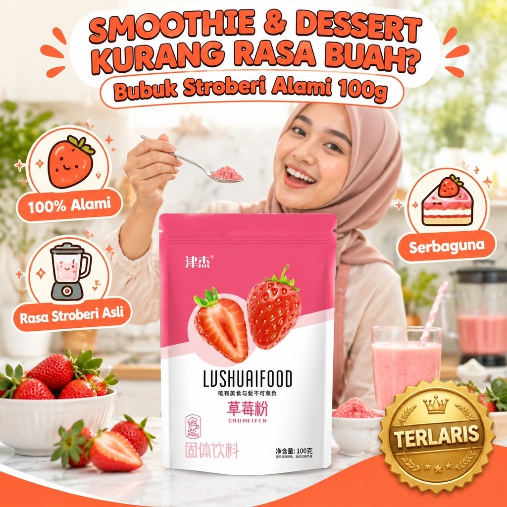 Kirim dalam 24 jam/Bubuk Buah Stroberi 100 Gram/Bubuk Minuman/Bubuk Smoothie/Topping Dessert/Bahan D