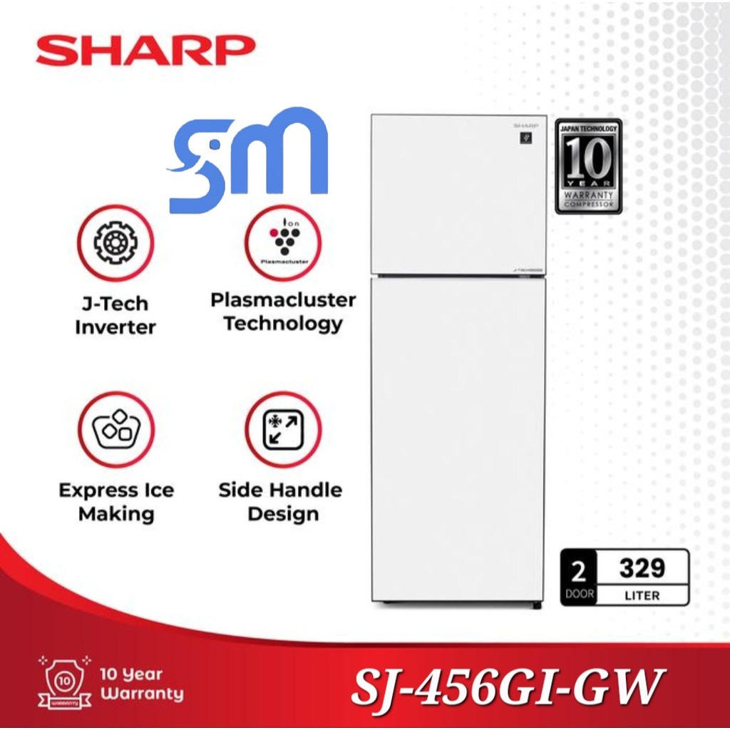 Kulkas Sharp 2 pintu SJ-456GI-GW SJ456GIGW 329 L White Glitter Shine J-Tech Inverter