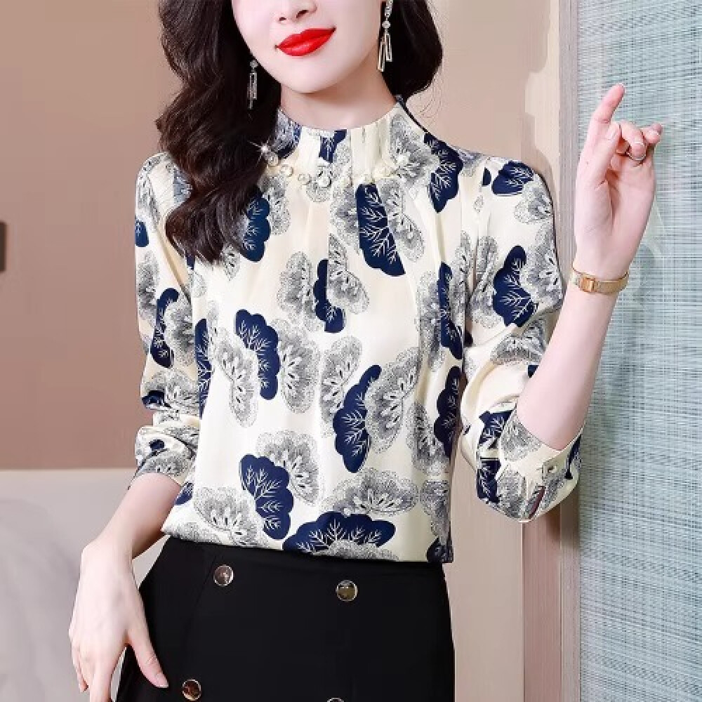 Blouse Wanita Motif Daun Ginkgo Lengan 3/4 Hiasan Mutiara Leher Tinggi Elegan Bahan Satin Adem Nyama