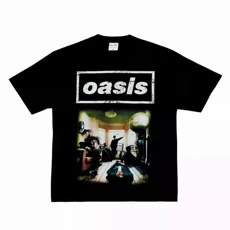 Baru OASIS Oasis Band Kaos Cetak Pria dan Wanita Kaos Santai Vintage Lengan Pendek Digital Leher Bul