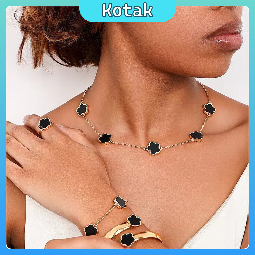 5 Set Clover Titanium Vintage Perhiasan Wanita/ Anting + Kalung + Gelang + Cincin+ Gelang Tangan Set