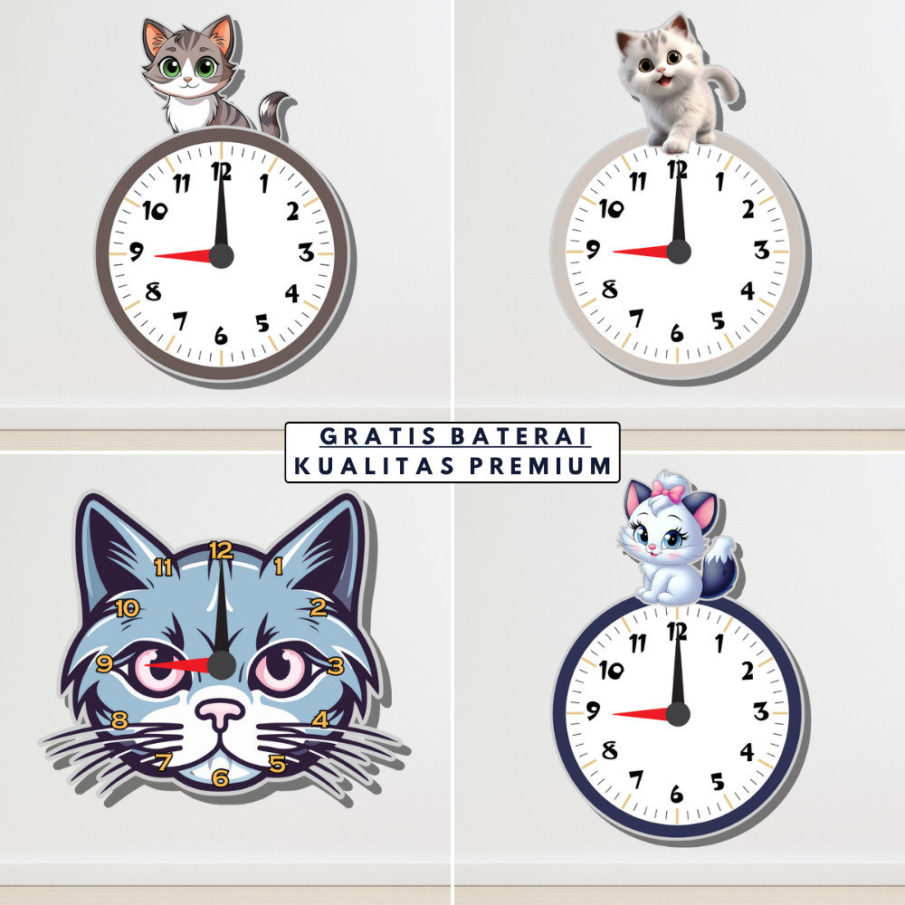 Jam Dinding Aesthetic Karakter Kucing Lucu & Unik – Gratis Baterai