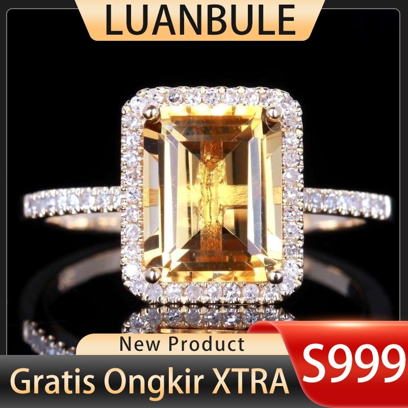 LUANBULE Cincin Fashion Perak S999 Warna Champagne Batu Permata Kuning