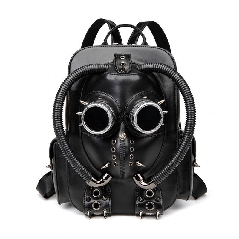 Punk Style Women PU Leather Backpack Heavy Duty Laptop Bag Gas Mask Design Shoulder Bag Rivets Goggl