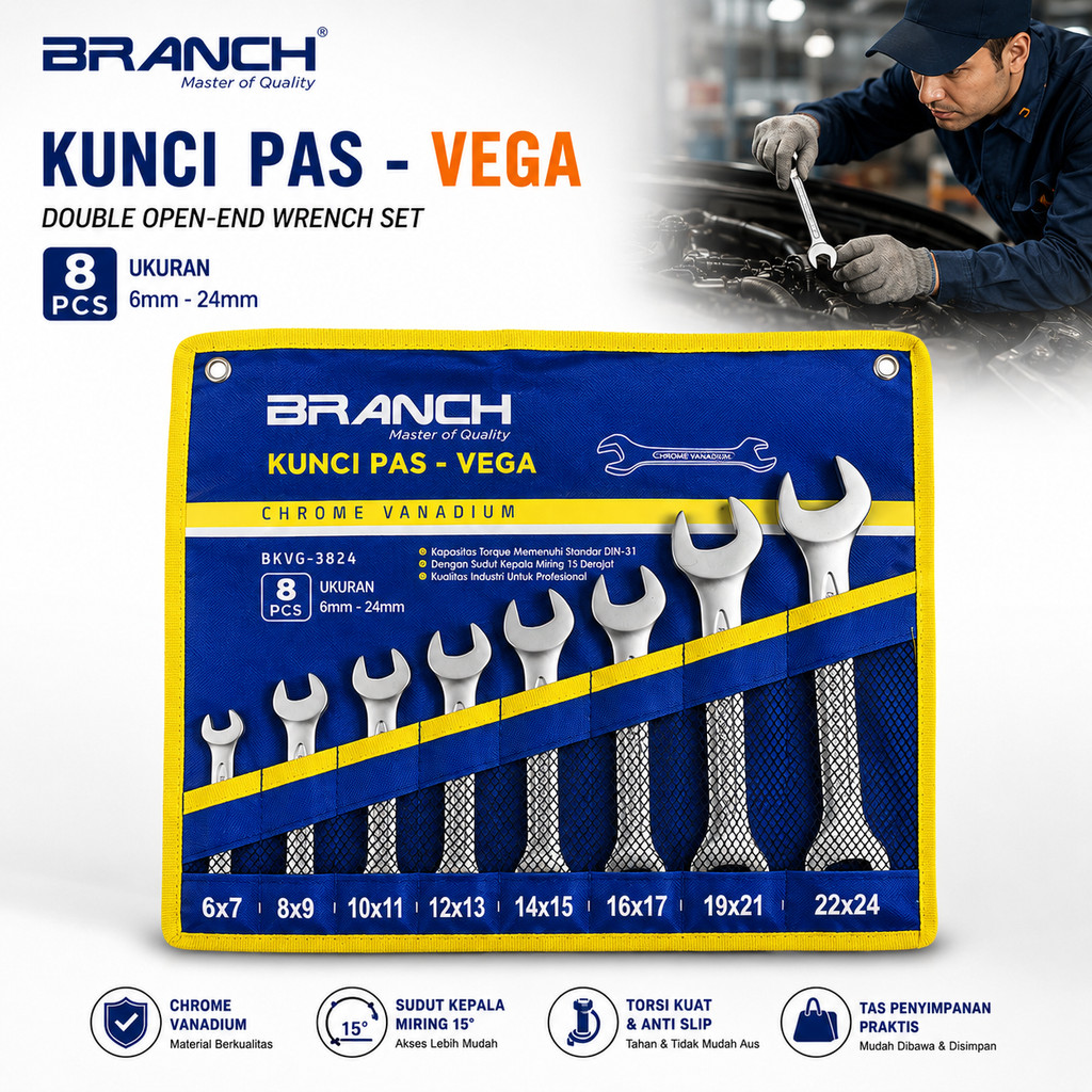 BRANCH Kunci Ring Pas Set 8Pcs Kunci Ring Set Perbaikan Otomatis Alat Perangkat Tools 8-24mm
