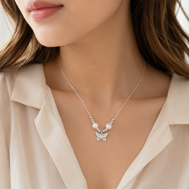 COD - BAATTAIY NECKLACE | Butterfly Pearl Necklace Silver | Kalung Mutiara Kupu-Kupu Perak