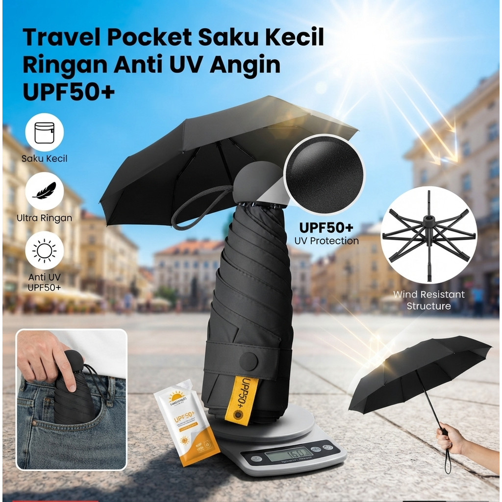 Payung Lipat Mini Travel Pocket Saku Kecil Ringan Anti UV Angin UPF50+