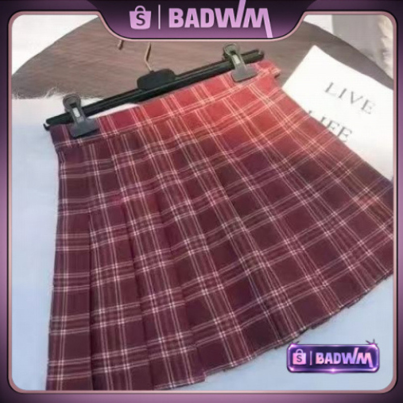 BADWM Model baru rok lipit serbaguna rok JK rok kotak-kotak rok pendek rok gaya kampus rok siswa