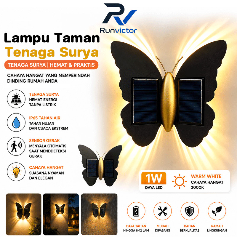 Runvictor Lampu Taman Tenaga Surya Lampu Dinding Kupu-Kupu Tenaga Surya Lampu Hias Sensor Taman Ligh