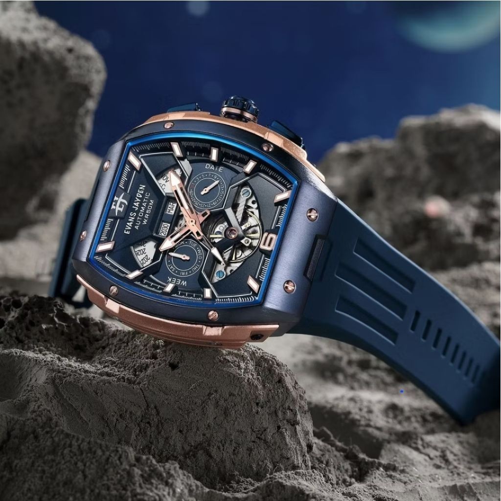 Evans Jayden Jam Tangan Pria 9620 Rubber Automatic Movement Silicon Kaca Sapphire Chronograph Water 