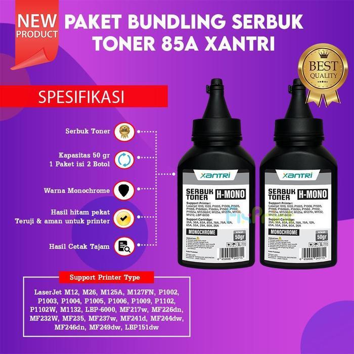 TONER CATRIDGE Premium Xantri 85A 1102 Cann 325 P1102 P1102W 35a 78a 36a Serbuk 85A 50gr Premium Gra