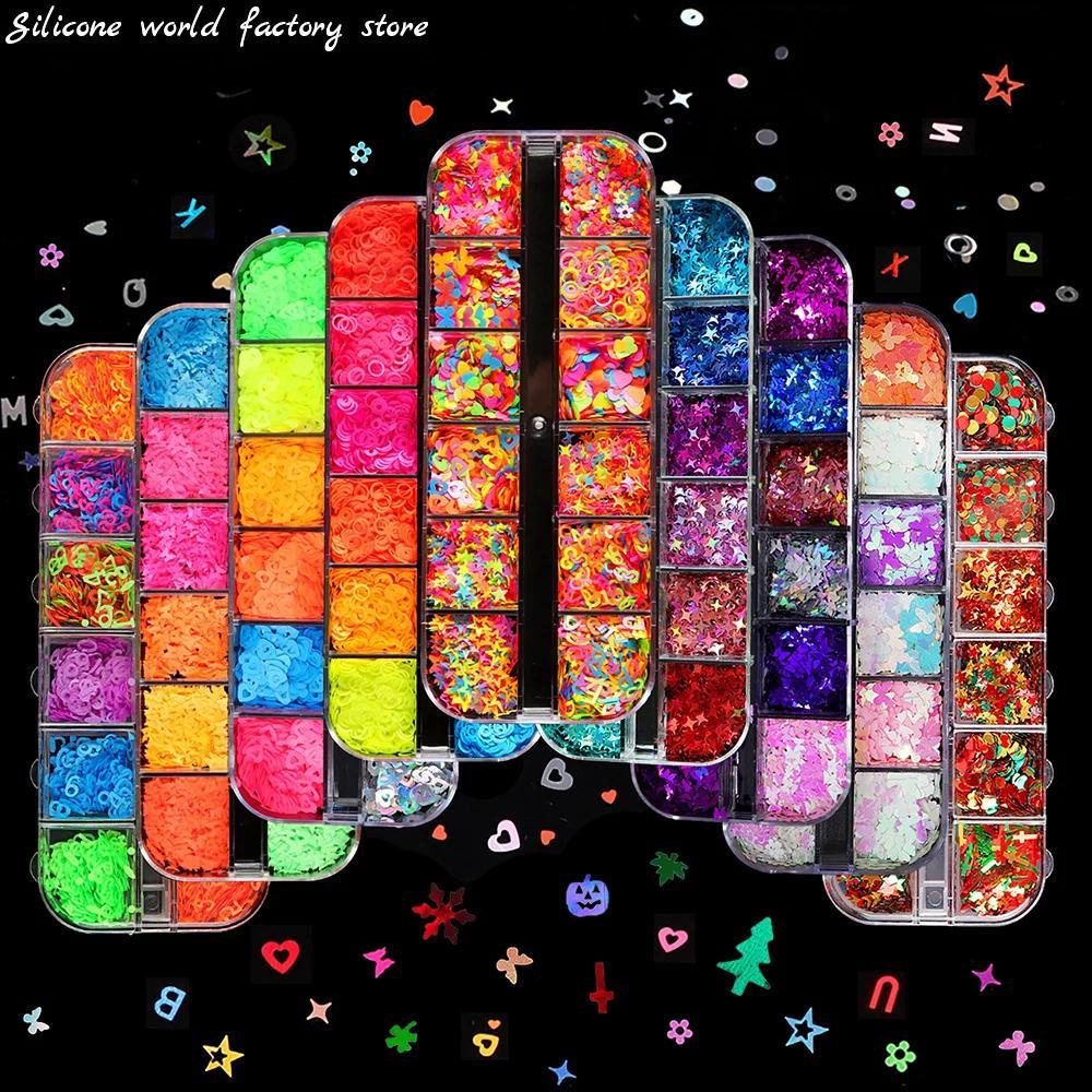 Silicone world 12 Grid Glitter Flakes Sequ Letter Sequ for Epoxy Resin Mold Clay Slime Filler Making