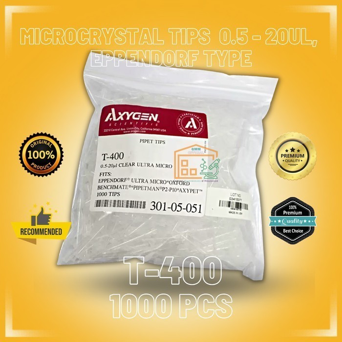 Microcrystal tips 0.5 - 20 ul, Clear, RNase DNase Free, 1000 Tips/bag | T-400 | Axygen
