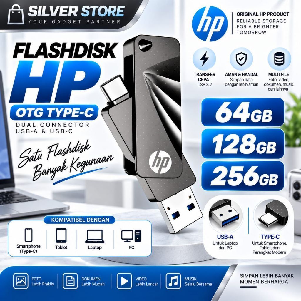FLASHDISK HP 64GB 128GB 256GB 3.2 762C OTG TYPE C DUAL DRIVE