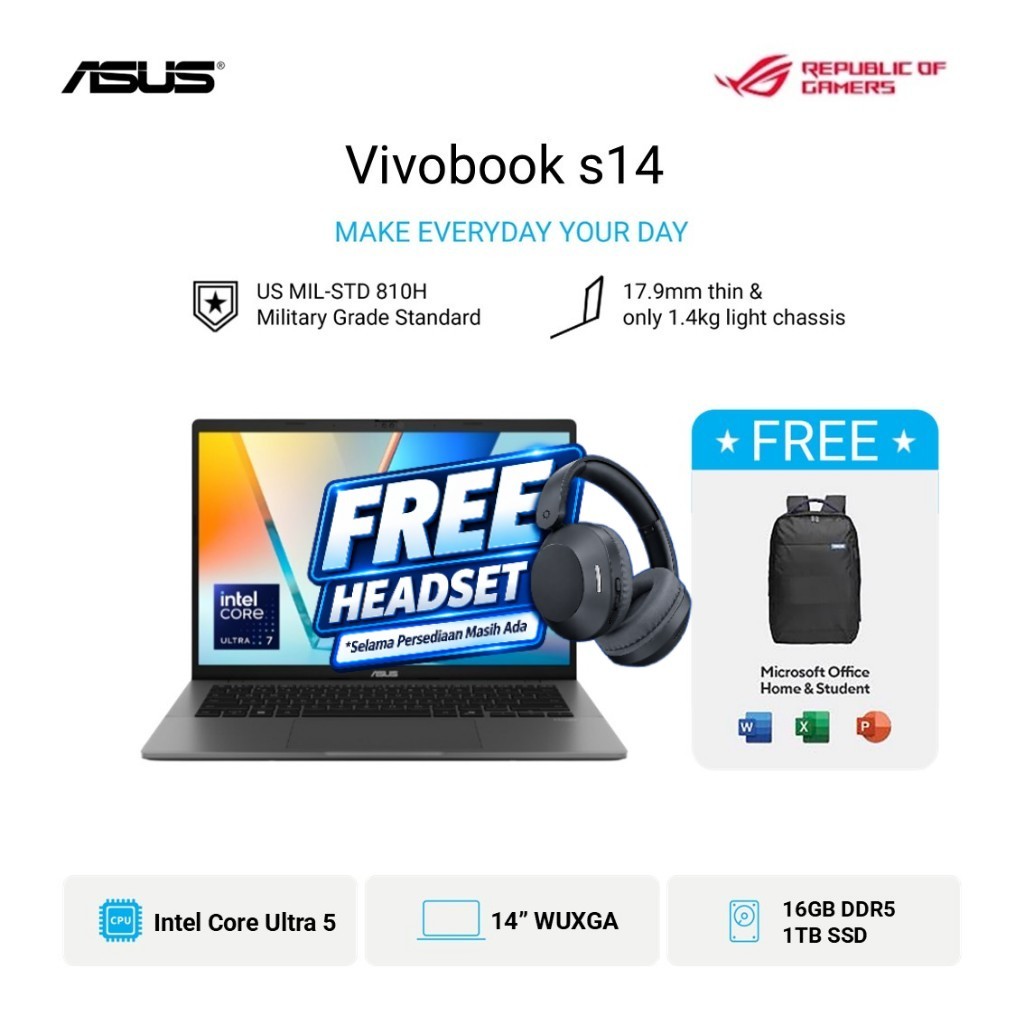 [Free TWS] Asus Vivobook S14 S3407CA Intel Core Ultra 5 225H Ram 16GB Storage 1TB SSD Windows 11 Hom