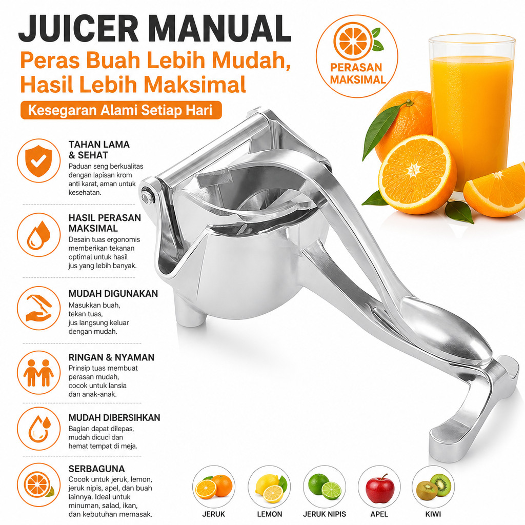 Alat Peras Jeruk Manual Stainless Steel Pemeras Lemon Praktis Hand Juicer Buah Meja Dapur Minimalis