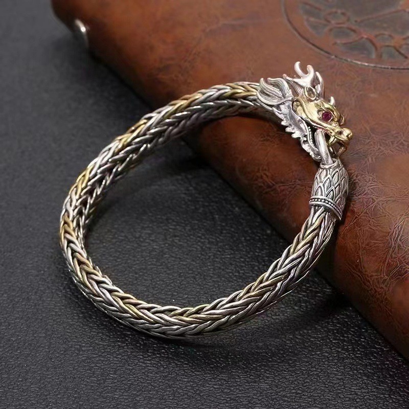 Gelang kepala naga gaya Tiongkok baru yang megah untuk pria, buatan tangan, warna emas, retro, denga