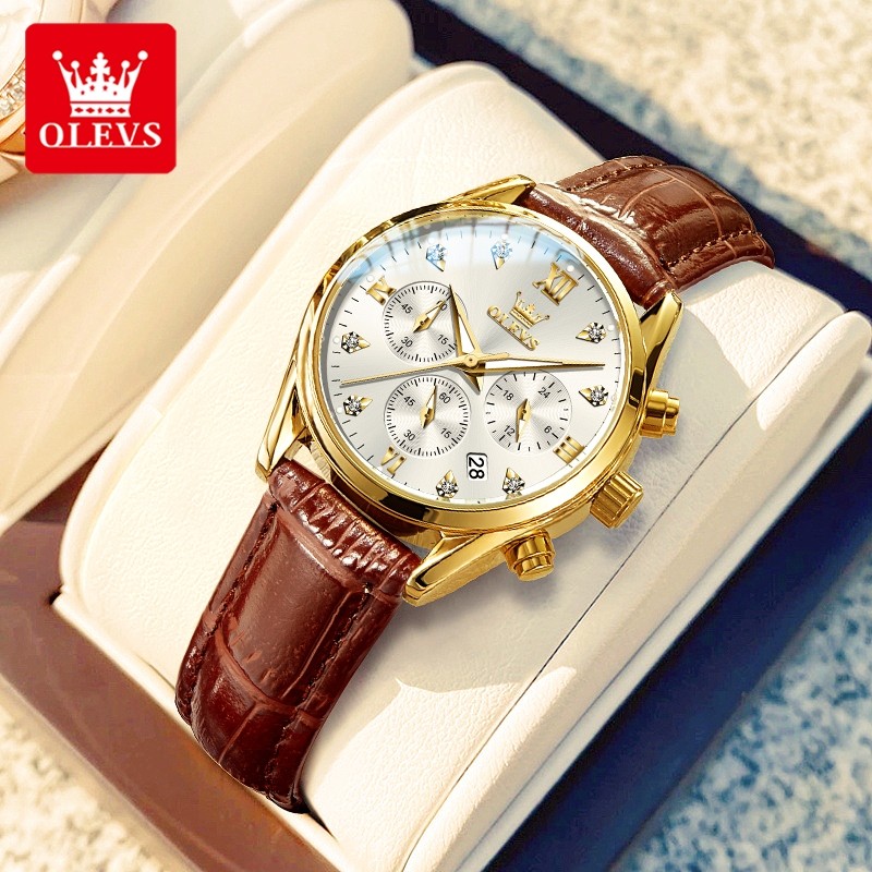 OLEVS Jam Tangan Wanita Anti Air Tali Kulit Original Luxury Bercahaya Kalender Quartz Watch Woman 55