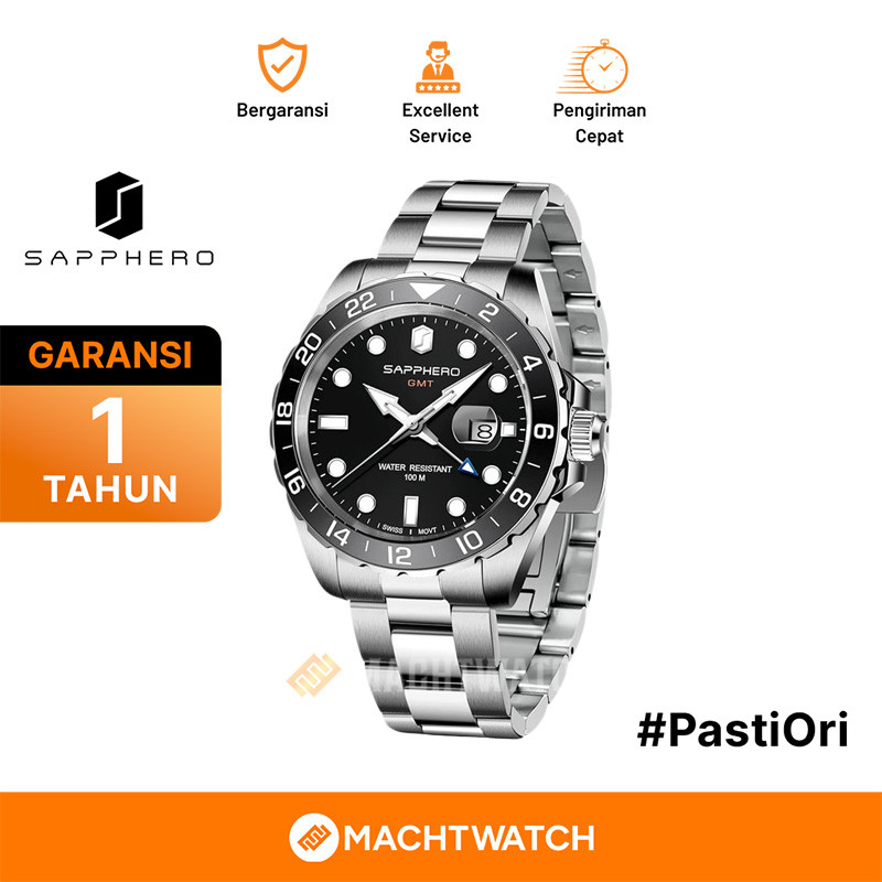 [PRJ] Jam Tangan Pria Sapphero SO-2106-3BLKBLK GMT Black Dial Stainless Steel Strap Quartz Watch 10 
