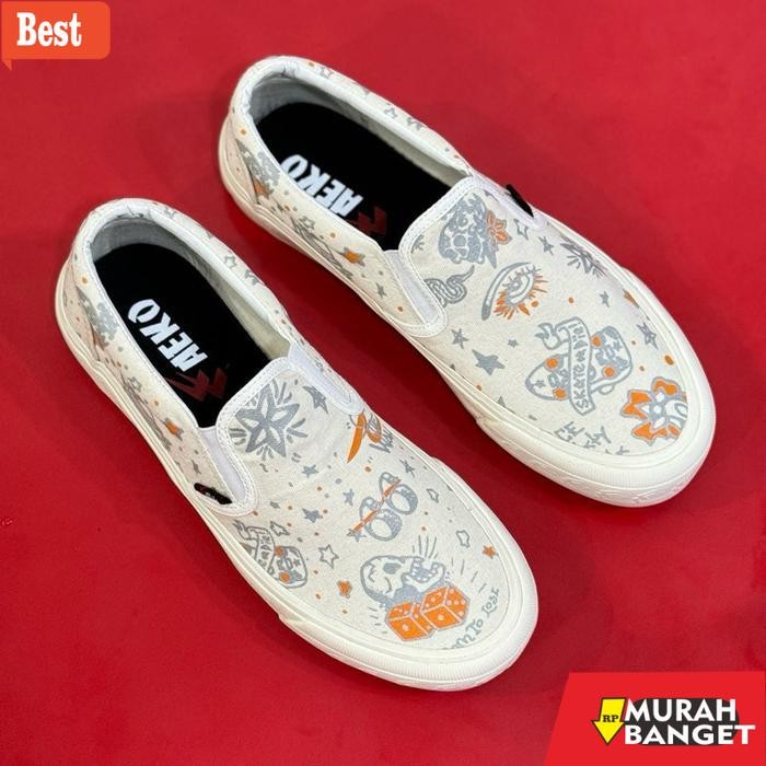 ( Bisa Nyala ) Sneakers Aeko Slip On Byd Cream Sablon Reflective - Sepatu Motif Pria wanita ORIGINAL