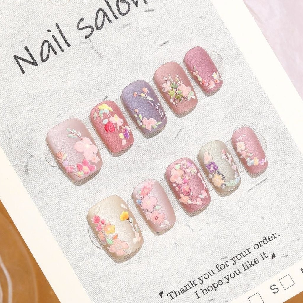 Kuku Palsu Pendek Bordir Bunga Matte Lem Gratis Fake Nails Matte Pink 10pcs