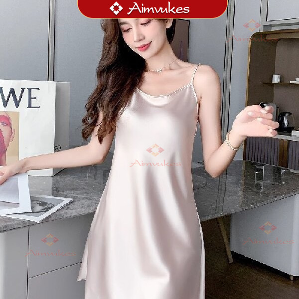 Aimvukes--Baju Tidur Wanita Dress Tidur Dress Rumah Dress Satin Silk Premium Sleepwear Santai Hot