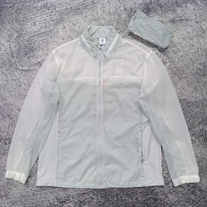 Jaket Outdoor parasut tipis K SWISS jaket running hidden Hoodie pocket table bagus size XL