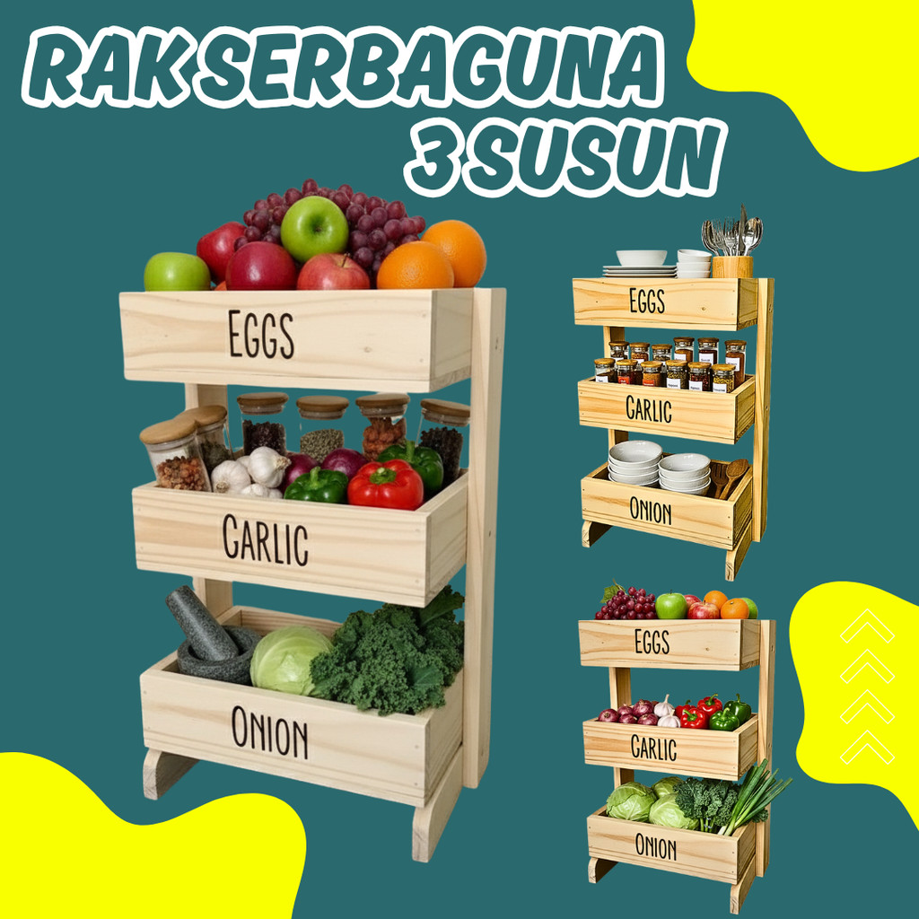 Rak bawang kayu 3 susun / Rak dapur / Rak kosmetik/ Rak perkakas/ Rak bawang