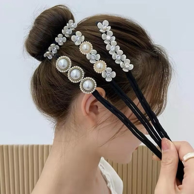 Ikat Rambut Sanggul Jepit Wanita Modern Simple Korea Elegan Hair Bun Motif Mutiara Diamond Kunciran 