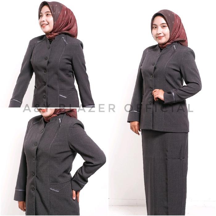 [07] [BAHAN TEBAL] A&Y Blazer Baju Seragam PDH Guru / PNS Wanita Warna ABU TUA | Bahan Polyester Str