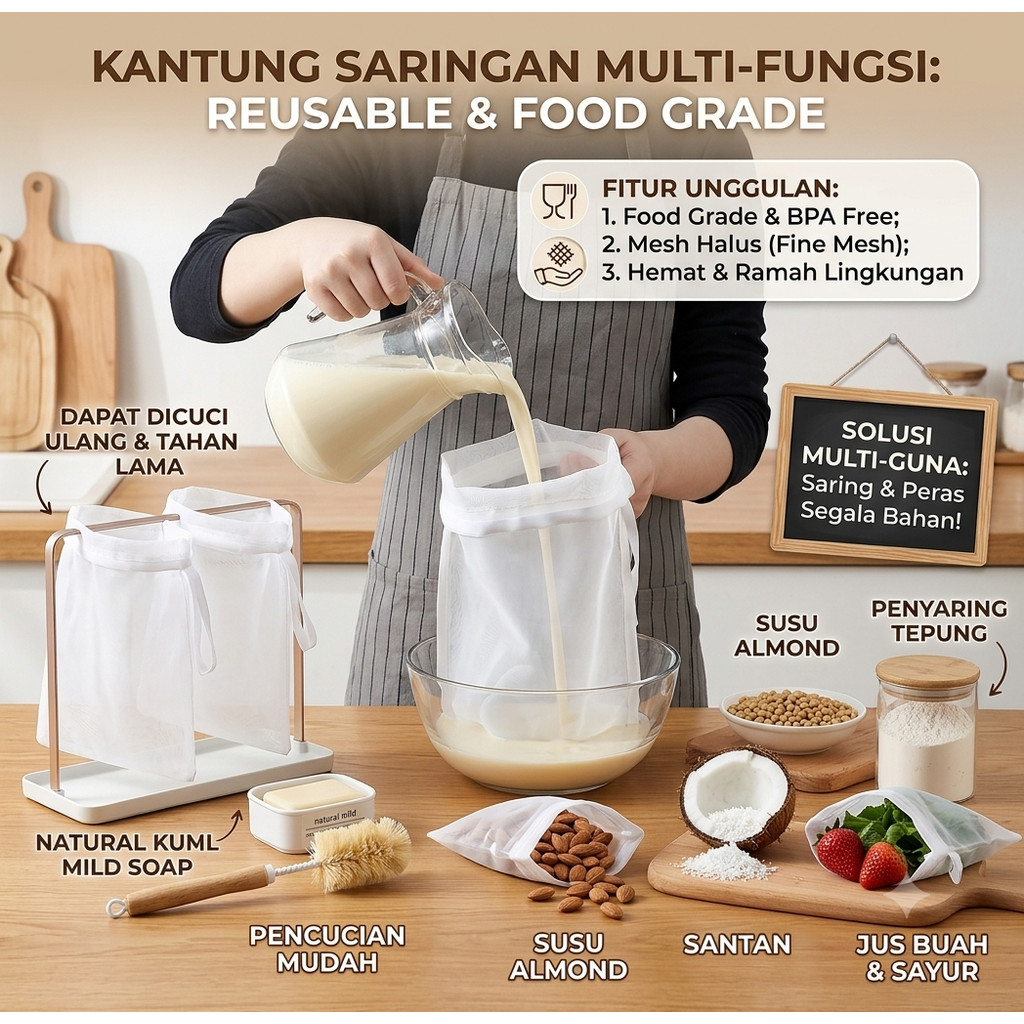 Kain Pouch Nylon Kantung Saringan Penyaring Filter Masak Tepung bubuk Susu Kacang Kedelai Almond Santan Buah Sayur Kantong Peras Blacu Reusable Nut Milk Bags Mesh reusable