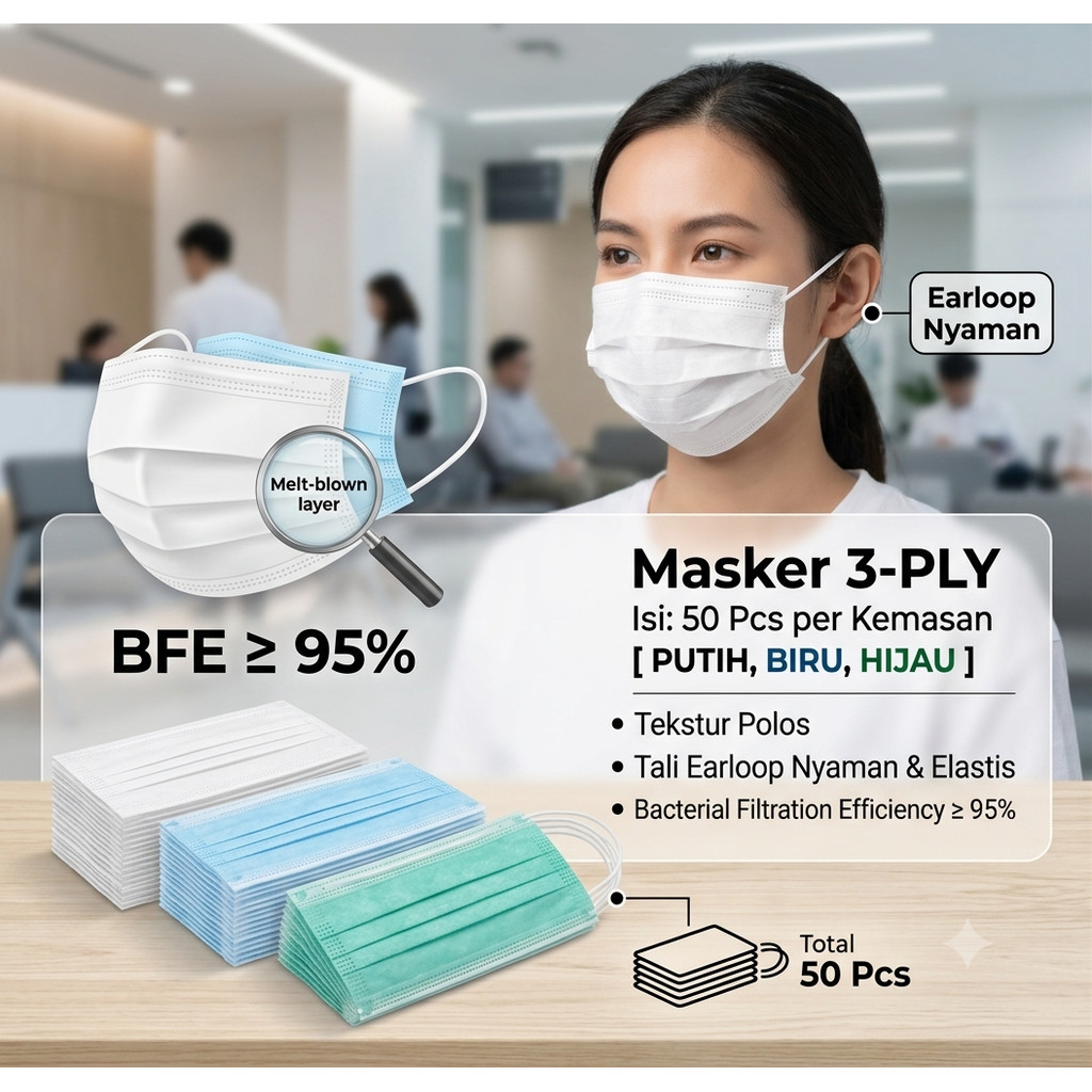 GROSIR Masker 3 Ply 3Ply isi 50 disposable Masker Anti Debu virus Tebal Earloop Biru Putih Hijau Tal