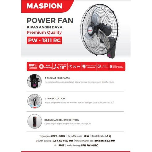 Maspion Kipas Angin Dinding Tornado Remote PW 1811RC